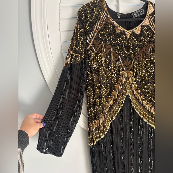 Rosita vintage black silk fully beaded and sequined long-sleeve evening gown 3X - Picture 4 of 16